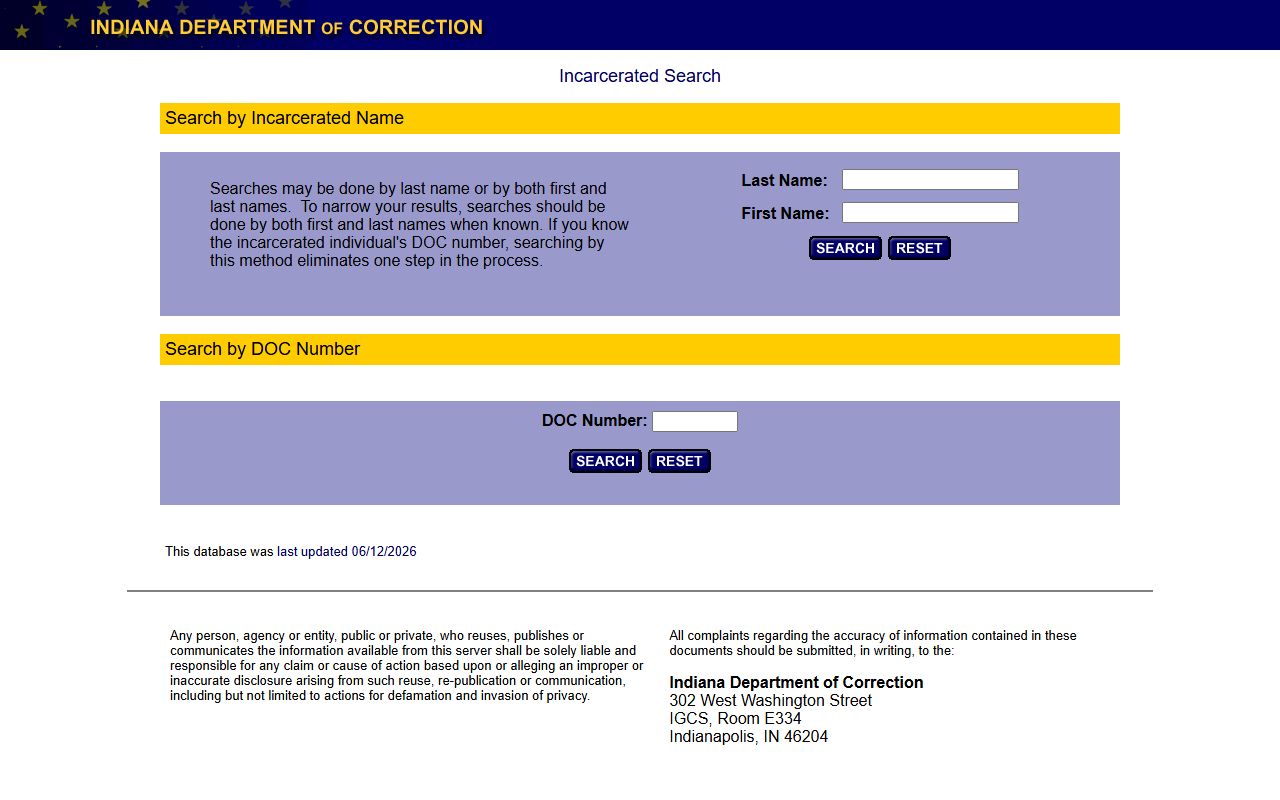Indiana Department of Correction offender locator search form
